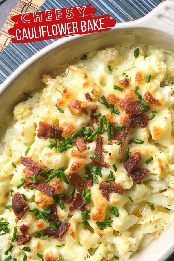 A delicious low carb cauliflower gratin recipe with two types of cheese, bacon and chives! This healthy vegetable recipe tastes like comfort food